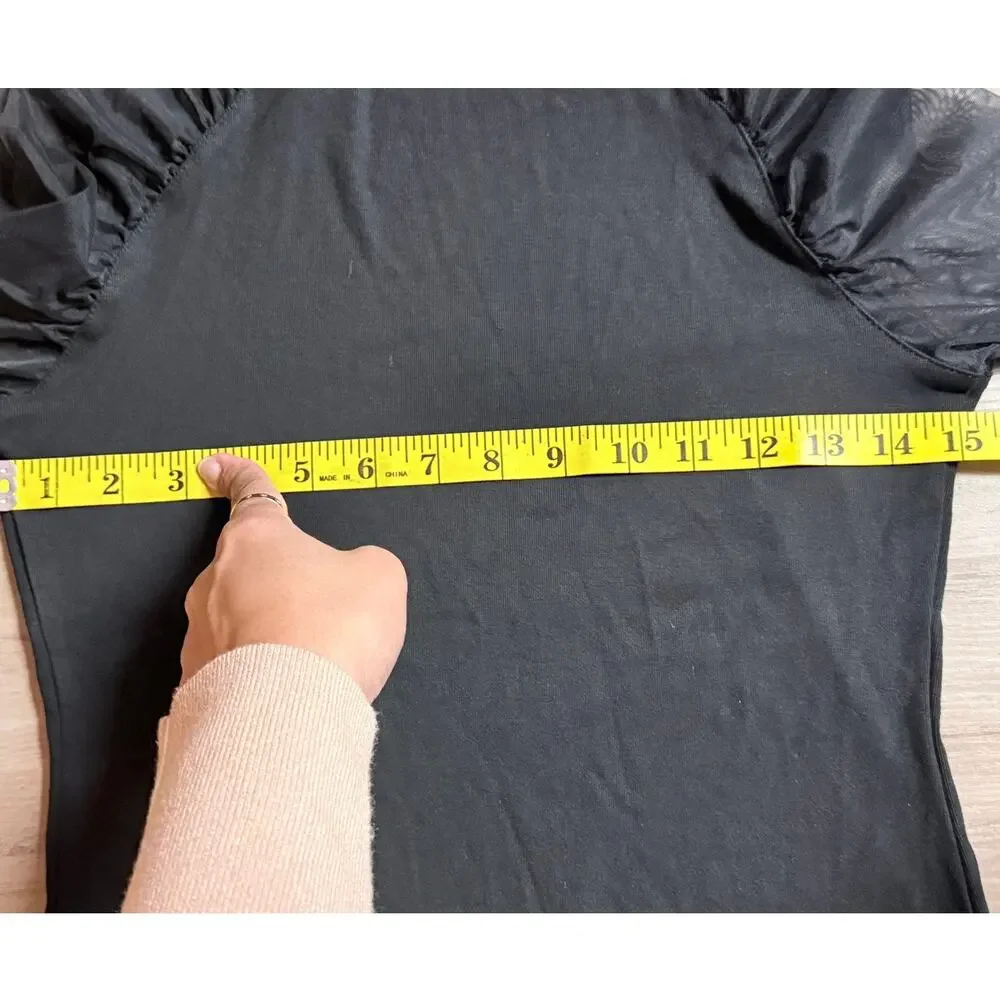 Commense Stand Collar Sheer Sleeve Fitted Blouse Black Women’s Size M - Picture 4 of 9